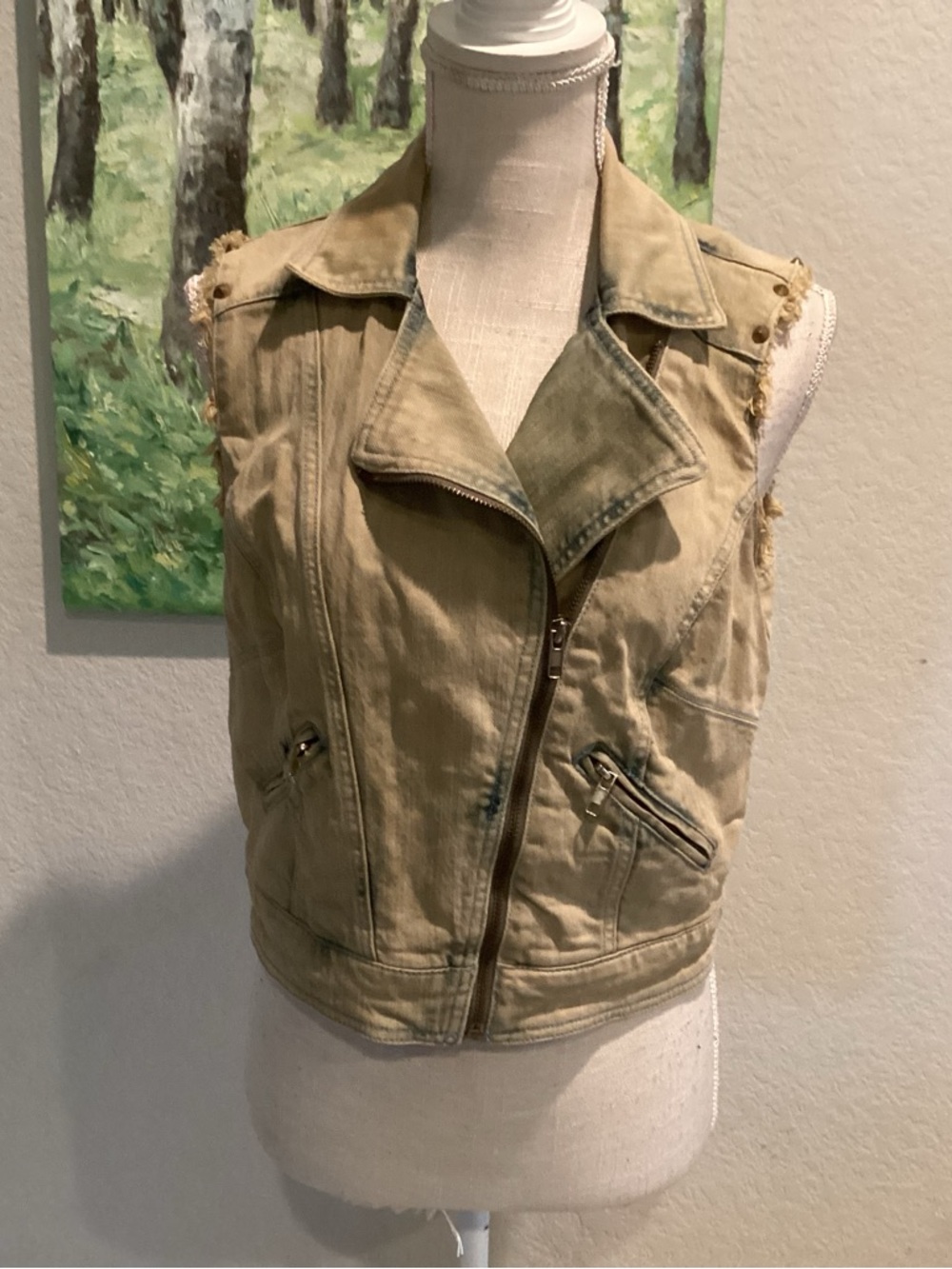 Chord Sleeveless Tan Distressed Moto Vest